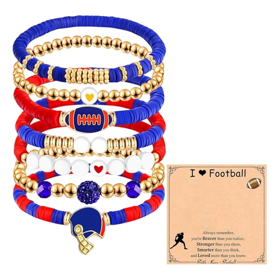 Football Bracelets for Women Men, 7 Piece Clay Beaded Bracelet Set, Sports Theme Charm Bracelets with Card, Stretch Stackable Friendship Bracelets for Party C