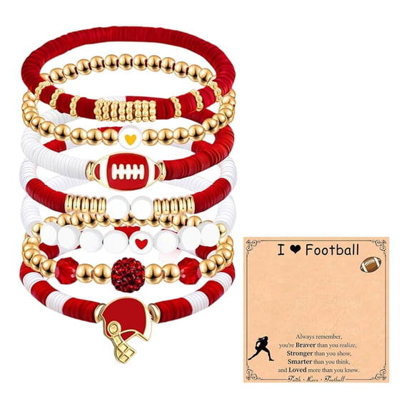 Football Bracelets for Women Men, 7 Piece Clay Beaded Bracelet Set, Sports Theme Charm Bracelets with Card, Stretch Stackable Friendship Bracelets for Party D