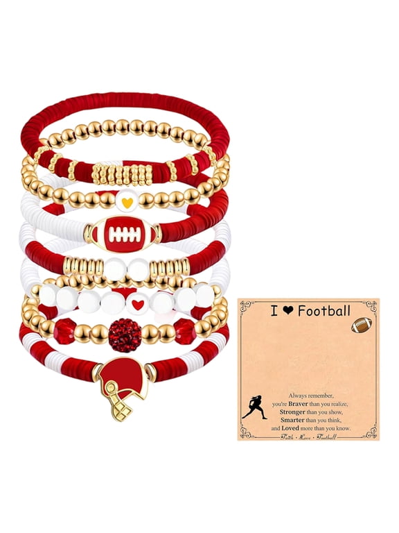 Football Bracelets for Women Men, 7 Piece Clay Beaded Bracelet Set, Sports Theme Charm Bracelets with Card, Stretch Stackable Friendship Bracelets for Party D