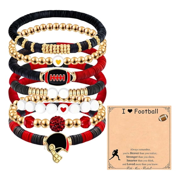 Football Bracelets for Women Men, 7 Piece Clay Beaded Bracelet Set, Sports Theme Charm Bracelets with Card, Stretch Stackable Friendship Bracelets for Party F