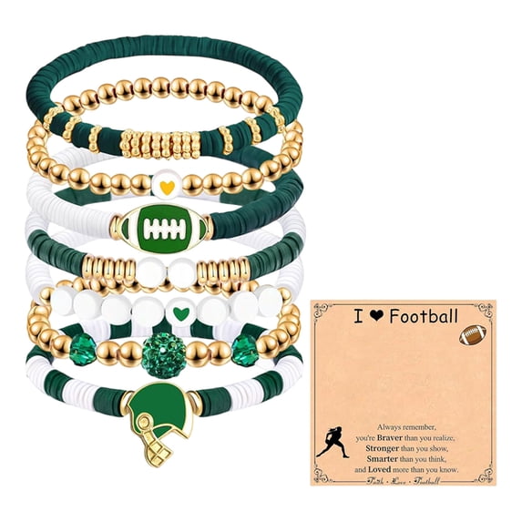 Football Bracelets for Women Men, 7 Piece Clay Beaded Bracelet Set, Sports Theme Charm Bracelets with Card, Stretch Stackable Friendship Bracelets for Party A