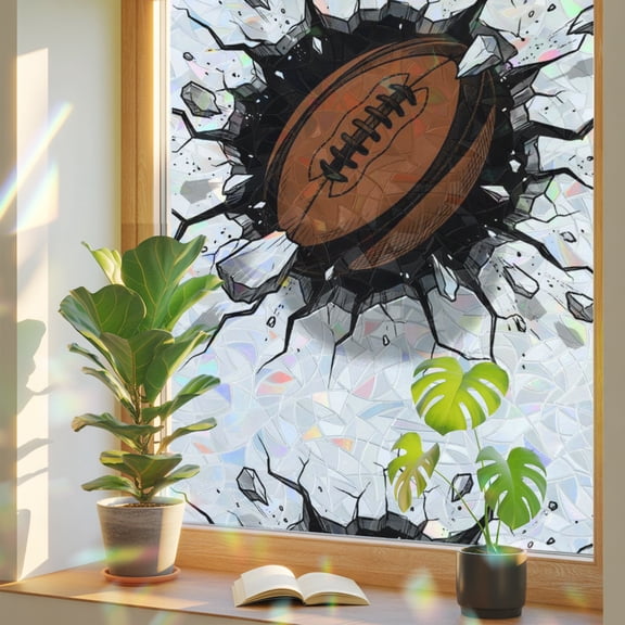 Football Broken Wall Window Privacy Film Rainbow Static Cling Stain Glass Window Film for Glass Door, Decorative Blocking Sunroof Decal Sticker for Car Home 29.5"x118" Abstract Art Sport 3D Realistic