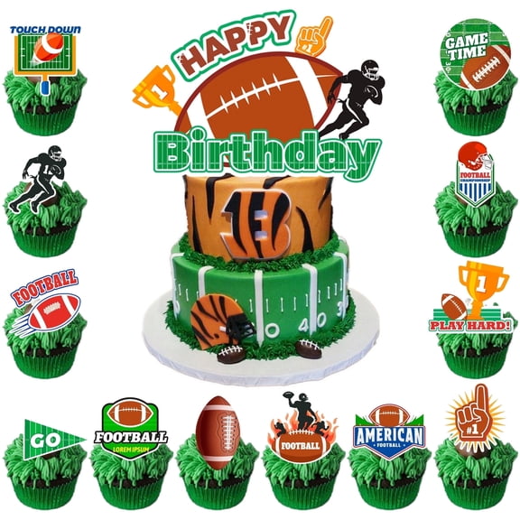 Football Cake Toppers, 12 Pcs Football Cupcake Toppers/Rugby Ball Cupcake Decoration & 1 Pcs Football Birthday Cake Topper/Football Cake Decorations for Football Birthday Party Decorations