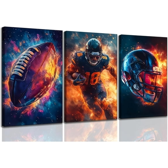 Football Canvas Wall Art Graffiti Rugby Gaming Cool Sports Theme Pictures Wall Decor Fire American Football Player Posters Painting Prints Artwork for Kids Boys Room Teen Bedrom(Only canvas)