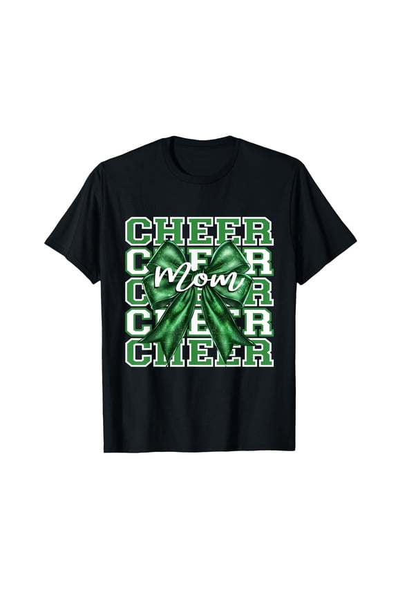 Football Cheer Mom Game Day Green Bow Cheerleading T-Shirt