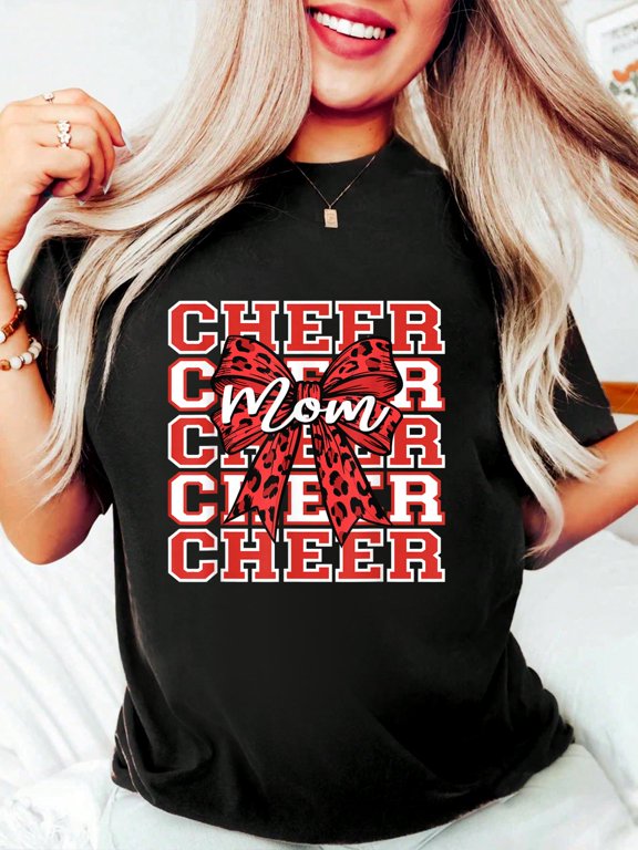 Football Cheer Mom Game Day Red Leopard Bow Cheerleading T-Shirt