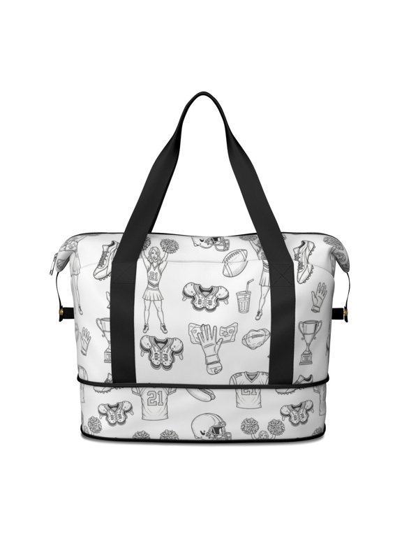 Football Cheerleader White Pattern Expandable Travel Tote Bag, Work Shopping Tote with Dry Wet Pockets, Waterproof Dacron Gift Ideas for Work Shopping Travel