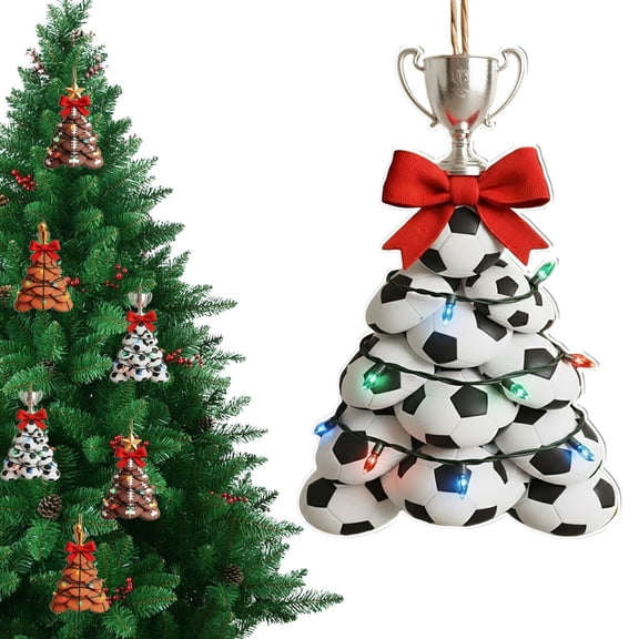 Football Christmas Tree Decor, 2D Acrylic Ball Game Christmas Hanging Ornaments Double-Sided Printing,Stacked Rugby Football Xmas Tree Shape Keepsake Ornaments, Sports Footballs Theme Decorations