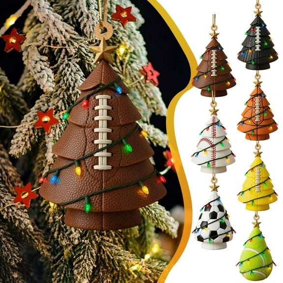 Football Christmas Tree Ornament, Festive Tree with Multicolor Lights and Golden Star, Holiday Hanging Decoration, Unique Sports-Themed Christmas Tree Ornament