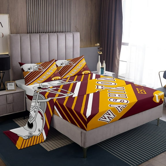 Football City Twin Bed Sheets Set American Football Sheets Birthday Gifts for Men Sports Football Fans Sheet Set Geometry Striped Bed Set 3Pcs,Brick-Red Yellow(Washington)