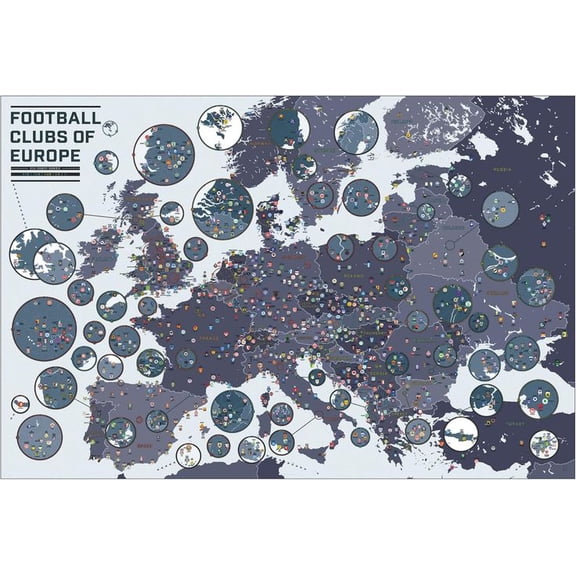 Football Clubs of Europe Large Wall Art Soccer Poster Featuring Over 1000 Clubs on a Massive Map Sports Size 24''x36''-Gategoo