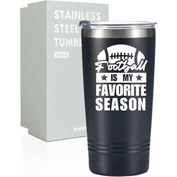 Football Coach Gifts: 20 oz Stainless Steel Travel Tumbler with Lid & Straw, Black (Favorite Season)