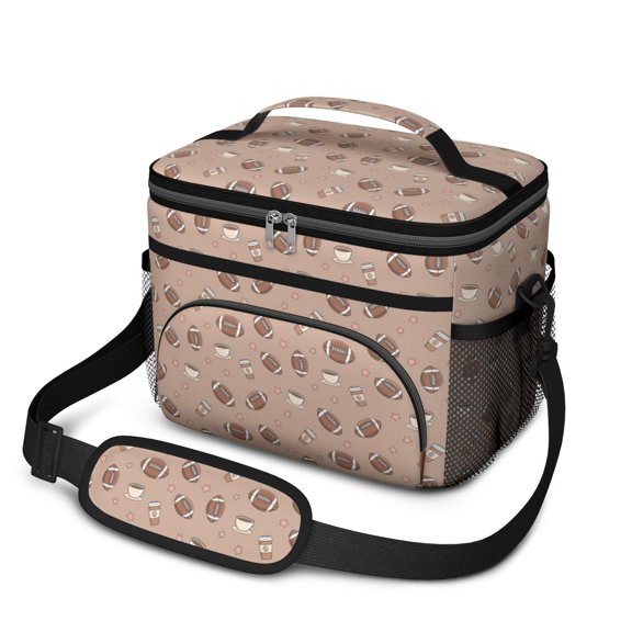 Football Coffee Cup Brown Pattern Insulated Lunch Box for Women Men, Medium Leakproof Cooler Bag with Adjustable Strap, 10"x6.7"x8"