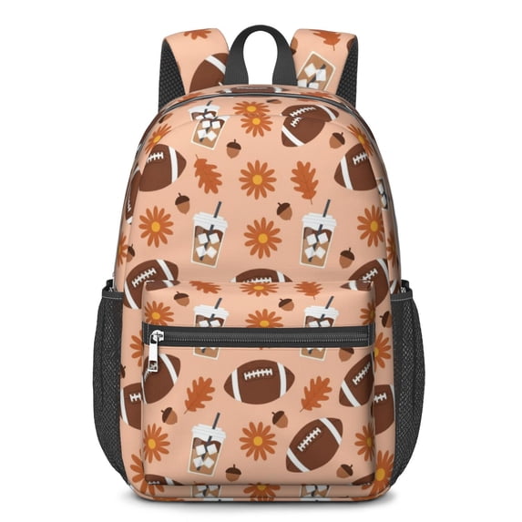Football Coffee Cup Orange Pattern 17" School Backpacks for Teens,Waterproof Oxford Fabric,S-Shape Padded Straps for School,Travel,Hiking,Camping