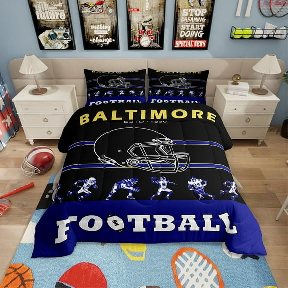 Football Comforter ,American Football Bedding Set Queen,Black Blue Yellow Sports Comforter Sets,Rugby City Team Duvet Insert with 2 Pillowcases Warm(Baltimore)