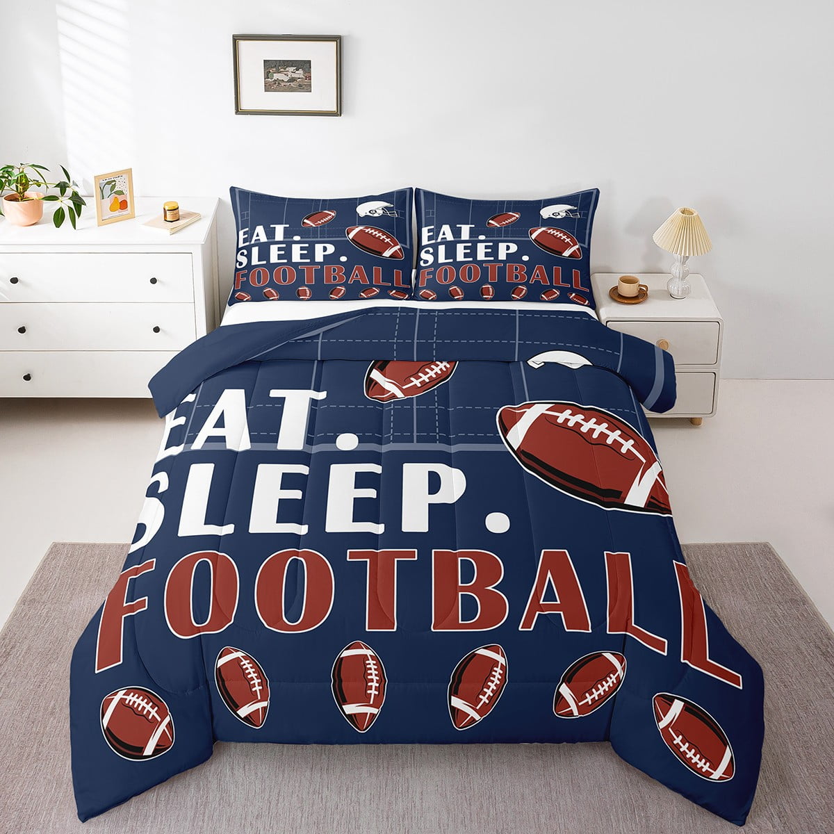 Football Comforter Set For Boys - 3D Printed Green Football Bedding Queen Size - Includes 1 Comforter & 2 Pillow Shams - View #3
