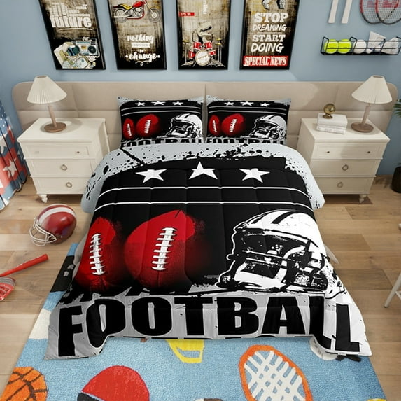 Football Comforter Sports Theme Bedding Set Soccer Ball Black White Red Comforter Set ren Teens Bedroom Decor 3D America Football Print Duvet Set Twin Size