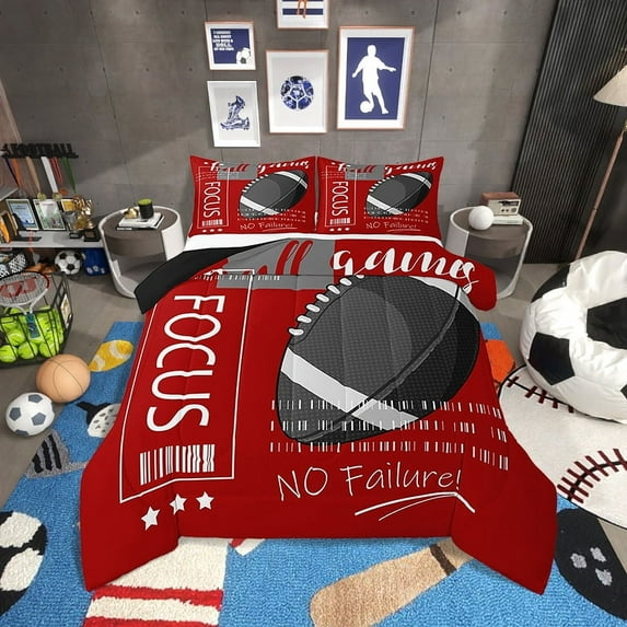 Football Comforter Set King Size Rugby Sports Bedding Sets Teens,Red Football Down Comforter Sports Themed Ball Gaming Quilt Bed Set Room Decor with 2 Pillowcases