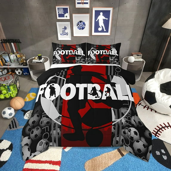 Football Comforter Set Queen Size Football Bedding Set,Sports Theme Bed Comforter Sets Red Black White Ball Gaming Quilt Bed Set Room Decor with 2 Pillowcases