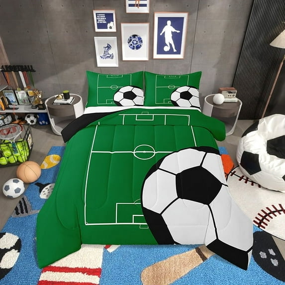 Football Comforter Set Queen Size Soccer Bedding Set Teens,Sports Themed Bed Comforter Sets Green Ball Gaming Quilt Bed Set Football Room Decor with 2 Pillowcases