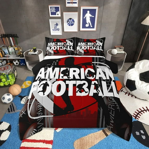 Football Comforter Set Queen Size Rugby Sports Theme Bedding Set,Red Black White Football Bed Comforter Sets Ball Gaming Quilt Bed Set Room Decor with 2 Pillowcases
