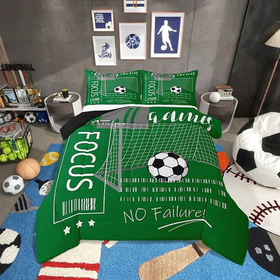 Football Comforter Set Queen Size Soccer Sports Bedding Sets Teens,Football Field Theme Quilt Bed Set Green Ball Gaming Down Comforter Room Decor with 2 Pillowcases
