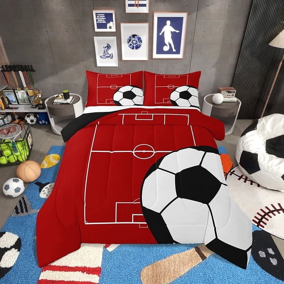 Football ComforterSet Twin Size Soccer Bedding Set Teens,Sports Themed Bed ComforterSets Red Ball Gaming Quilt Bed Set Football Room Decor with 1 Pillowcase
