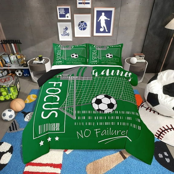 Football Comforter Set Twin Size Soccer Sports Bedding Sets Teens,Football Field Theme Quilt Bed Set Green Ball Gaming Down Comforter Room Decor with 1 Pillowcase
