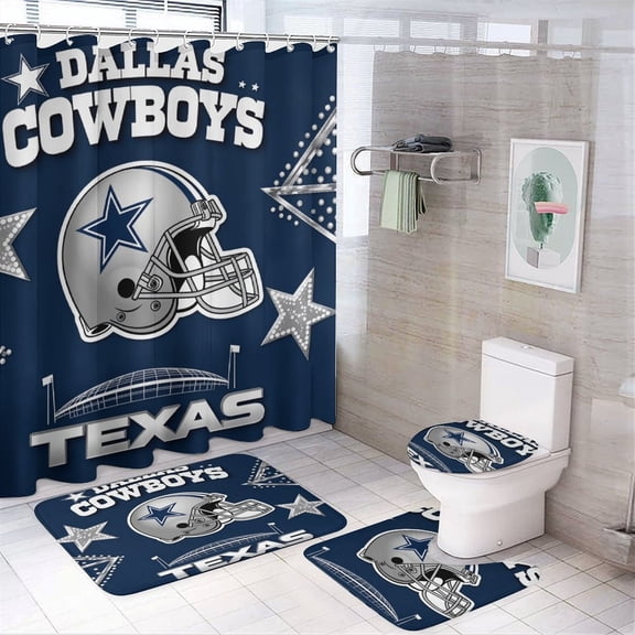 Football Cowboys Shower Curtain Bathroom Sets Toilet Lid Rug, Rugs Mat Bath Mat And Contour Mat, Shower Curtain 4Pcs