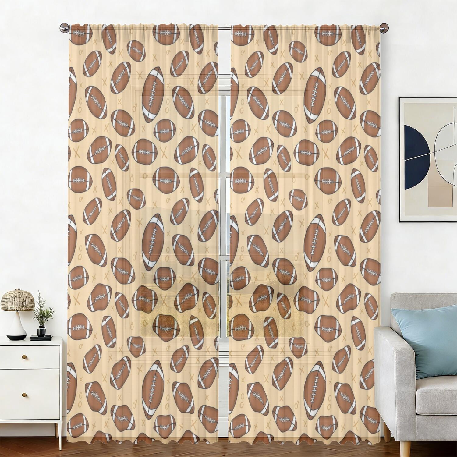 Football Cross Beige Pattern Sheer Curtains, Rod Pocket Sheer Drapes ...