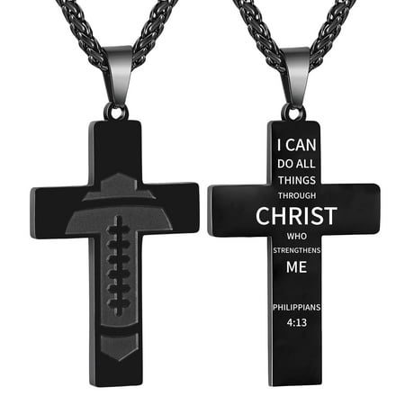 Football Cross Necklace for Men Stainless Steel Bible Verse Philippians 4:13 Pendant 20+2 Inch Chain First Communion Baptism Religious Christian Athletes Sports Birthday Christmas Jewelry Gift