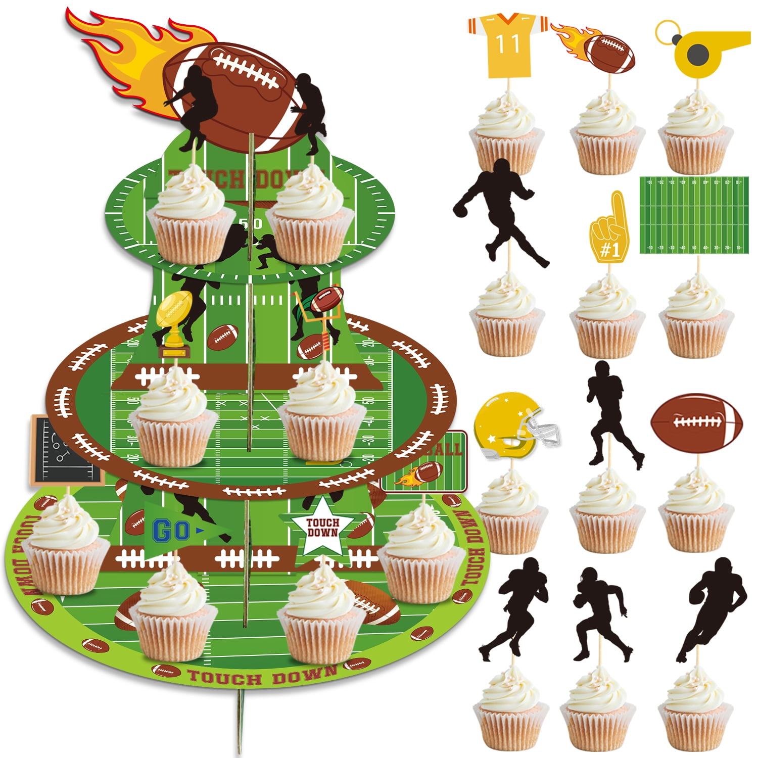 Football Cupcake Stand, 3 Tier Football Party Supplies Cake Stand with 20pcs Football Cupcake