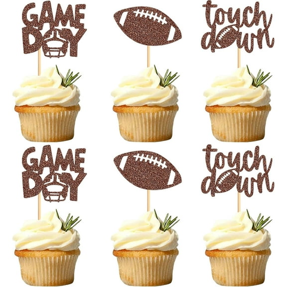 Football Cupcake Toppers, Game Day and Touchdown Glitter Picks, Rugby Ball Theme, 12 Pack