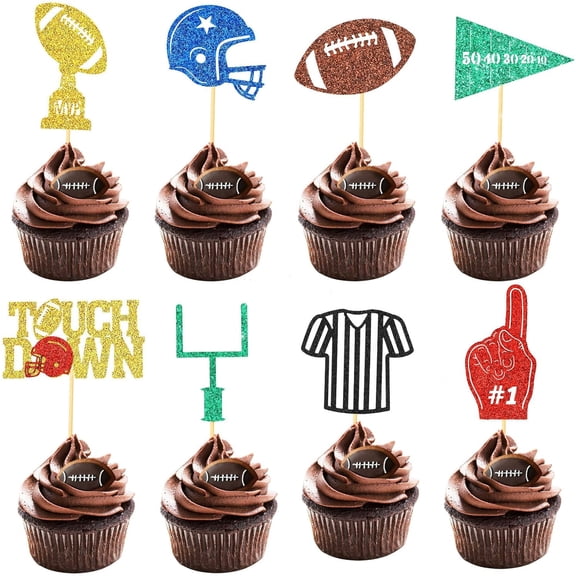 Football Cupcake Toppers, Glitter Rugby Ball Cupcake Toothpicks Trophy American Football Cupcake Picks Touchdown Cake Decorations for Sports Theme Party Supplies (8 Patterns)