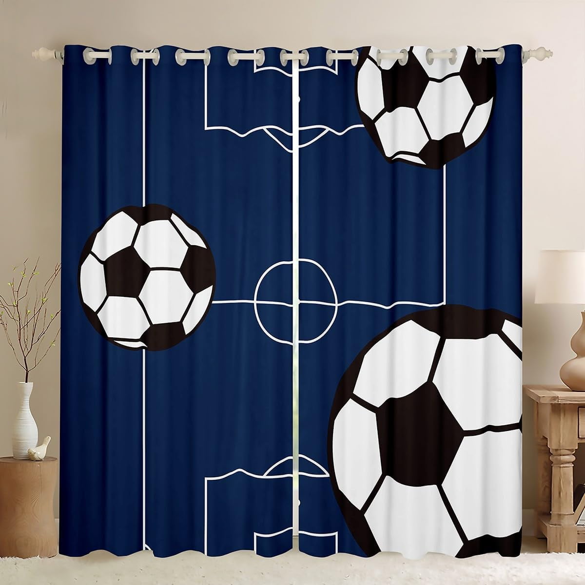 Loussiesd Football Blackout Curtains(30%-50%) Sports Darkening Window Dreapes Soccer Ball Curtain For Bedroom Adults Competitive Games Green Playground Window Treatments W52*L63 - View #3