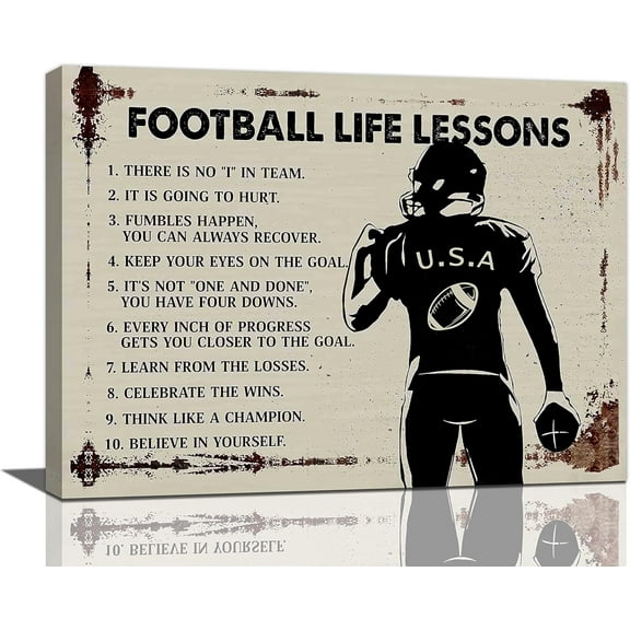 Football Decor Wall Art Inspirational Quotes Sports Football Player Boy Pictures Wall Decor Football Life Lessons Canvas Painting Prints Artwork Decorations Framed for Bedroom School Gym 16"x12"