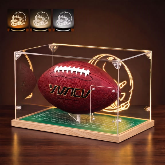 Full Size Acrylic Football Display Case with LED Light & Solid Wood Base