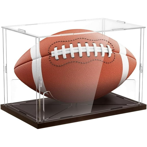 Football Display Case with Solid Wood Base Clear Acrylic Football Stand Display Box UV Protected Softball Holder Hat Displays Case