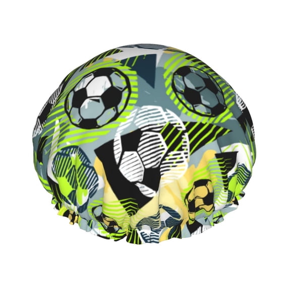 Football Doodle Shower Cap, Reusable Bath Hair Hat for all Hair Lengths Hair Cover with Elastic Band Double Waterproof Layers Bathing Hat
