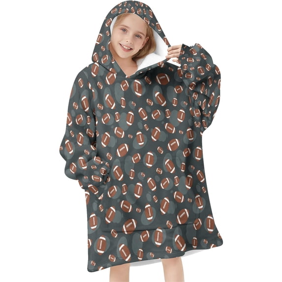 Football Dot Darkblue Pattern Teens Oversized Sherpa Wearable Blanket Hoodie, Hooded Blanket Sweatshirt with Large Pockets
