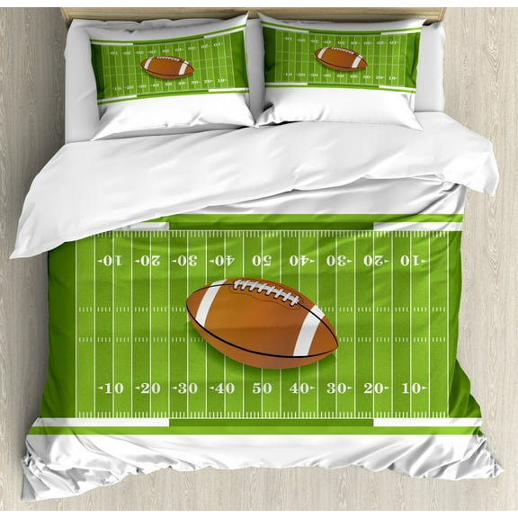 Football Duvet Cover Set Queen Size, Team Sports Themed Design with Yard Lines and Pigskin American Pastime, Decorative 3 Piece Bedding Set with 2 Pillow Shams, Green Brown and White, by Ambesonne