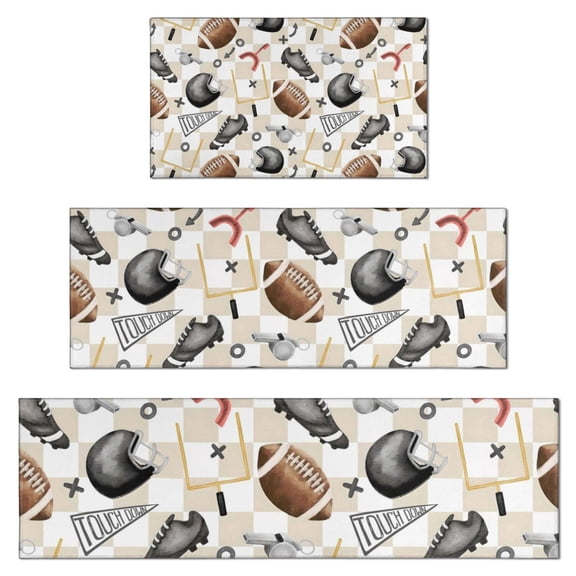 Football Equipment Checkered Pattern Kitchen Rugs Sets Of 3,Kitchen Runner Rugs Non Skid Washable,Decorative Kitchen Floor Mats for Kitchen,Sink,Laundry,17"x30"+ 17"x47" + 17"x59"