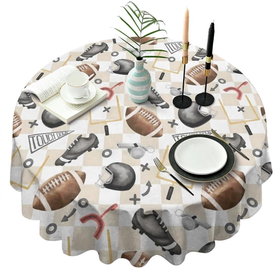 Football Equipment Checkered Pattern Round Tablecloth 60"x60",Wrinkle Wipeable Table Cloth for Kitchen Dining Room Picnic Patio Party