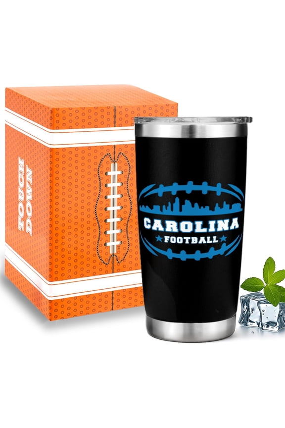 Football Fan 20 Oz Insulated Travel Coffee Cup Mug Tumbler with Lid Carolina Themed Merch Shop Men Women Sport Gear Apparel Panthers Team Decor Accessories Husband Boyfriend Dad Unique Birthday Gifts