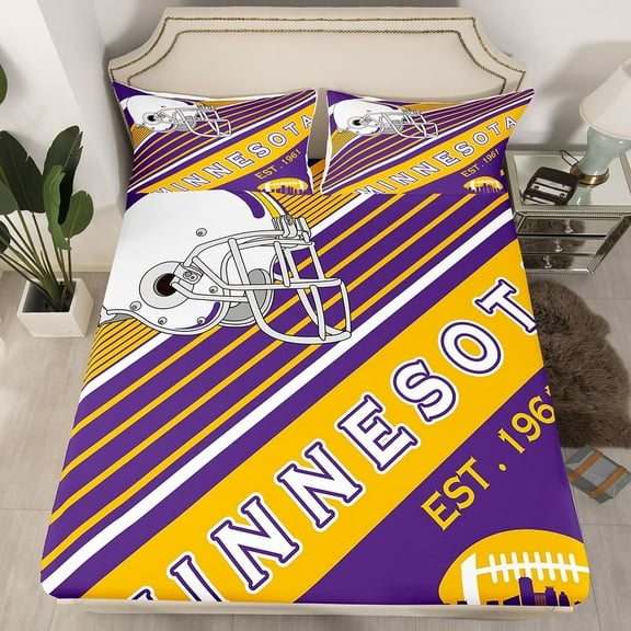 Football Fans Gifts Sheets, American Football City Themed Full Sheet Set, Rugby Sports Game Bed Sheets Set Graffiti Geometry Striped Bed Set 4 Pieces, Purple and Yellow(Minnesota)
