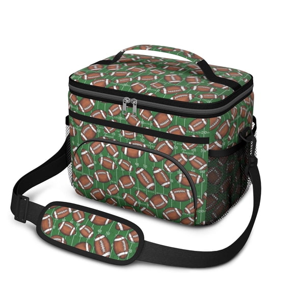 Football Field Green Pattern Insulated Lunch Box for Women Men, Medium Leakproof Cooler Bag with Adjustable Strap, 10"x6.7"x8"