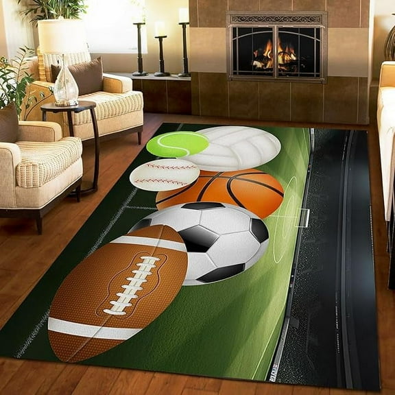 Football Field Kids Rugs, Football Basketball Volleyball Area Rug, Anti-slip Washable Easy Clean Nursery Carpet For Living Room Bedroom Entryway Hallway Gaming Room 5 x 6ft