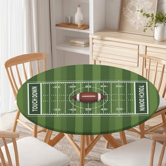 Football Field Round Fitted Tablecloth with Elastic Edge Green Rugby Sports Theme Party Decorations Circle Table Cloth for 44-48" Tables Reusable Wipeable Tailgate Table Cover for Birthday Outdoor