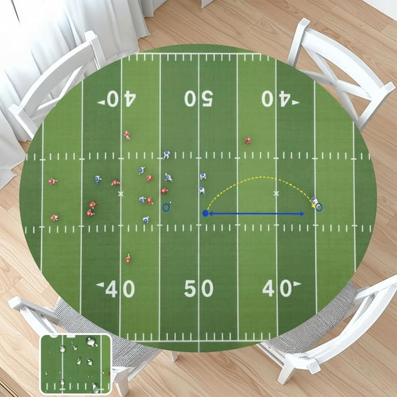 Football Field Round Fitted Tablecloth with Elastic Edge Green Sports Theme Party Decorations Circle Table Cloth for 56-60" Tables Reusable Wipeable Tailgate Table Cover for Birthday Outdoor