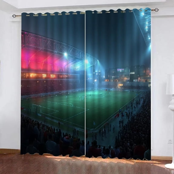 Football FieldDarkening Drapes Stadium Lighting For Night Games 3D Printed Blackout Grommet Window Curtains Opaque Curtain For Privacy In Bedroom Study Room 52"W x 90"L (Pack of 2)